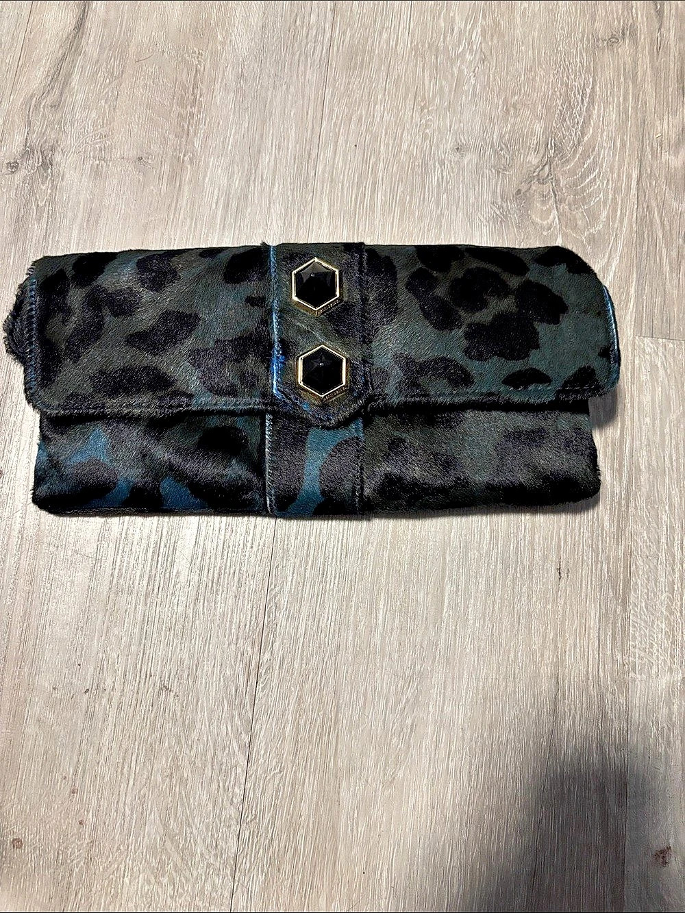 Henri Bendel Animal Print Clutch in Black & Blue